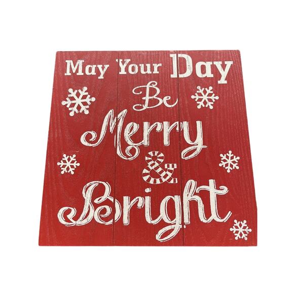 Wood Christmas Sign May Your Day Be Merry and Bright Vintage Look square Hanger - Picture 1 of 5